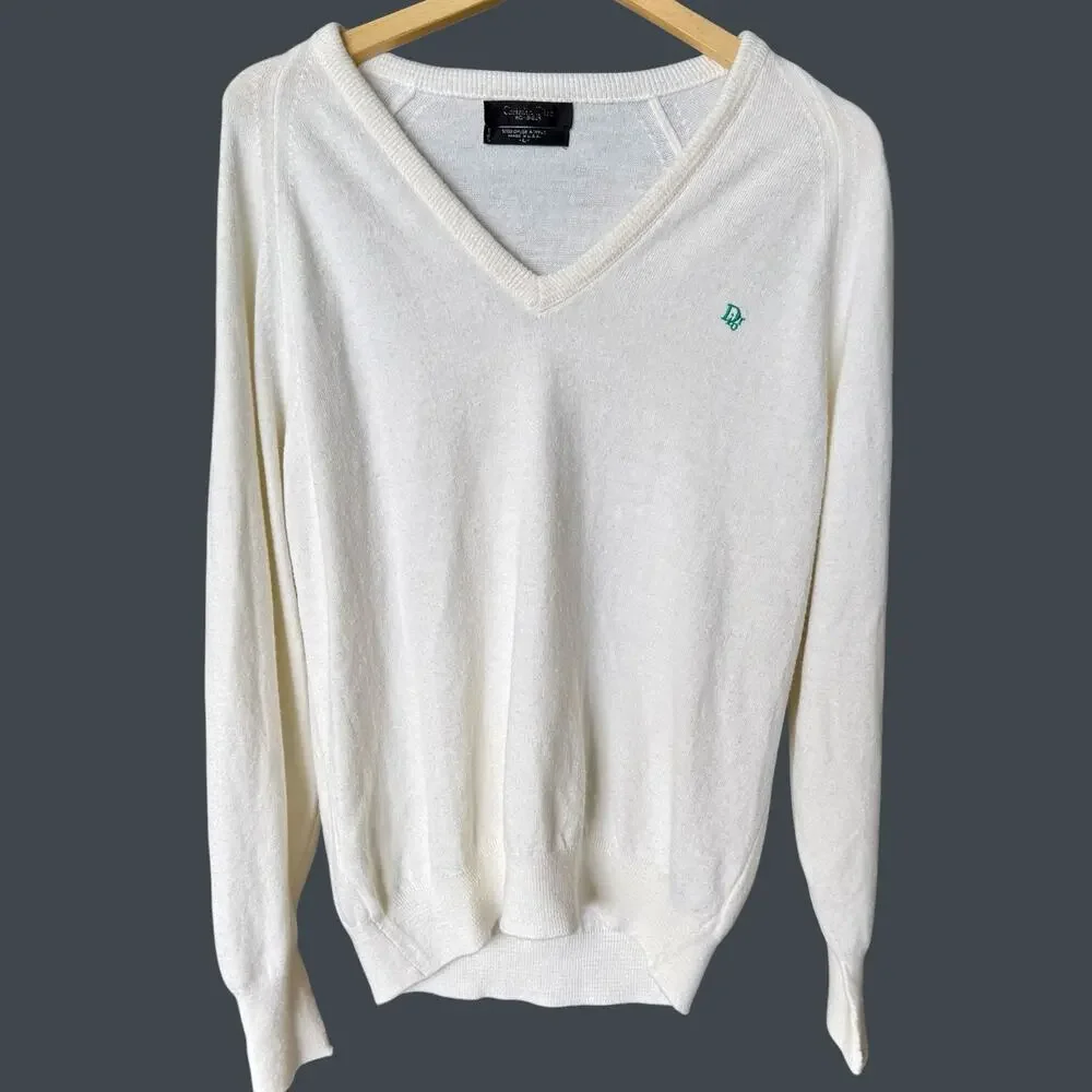 Vintage Christian Dior Sweater Large Cream White V-Neck Knit Orlon Logo USA